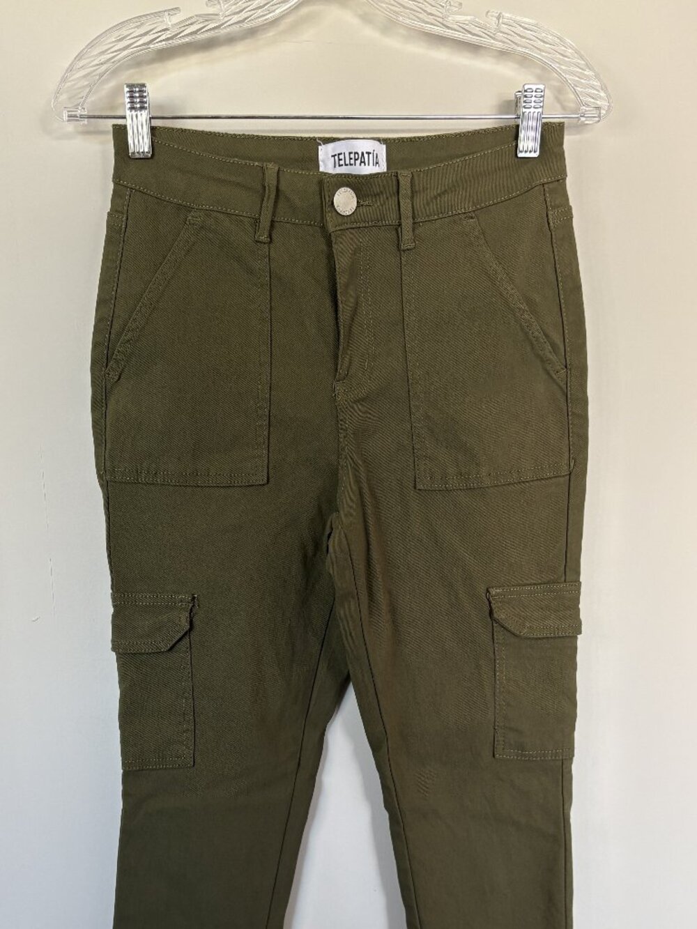 Telepatia Cargo Pants Womens 7/28 Olive Green Utility‎ Stretch Skinny High Rise
